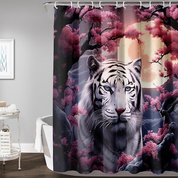 AILONEN Tiger Shower Curtains for Girls,Pink Flower White Tiger Bath Curtains for Bathroom Decor,Wild Animal Curtains Polyester Waterproof with Plastic Hooks 36" W*72" H