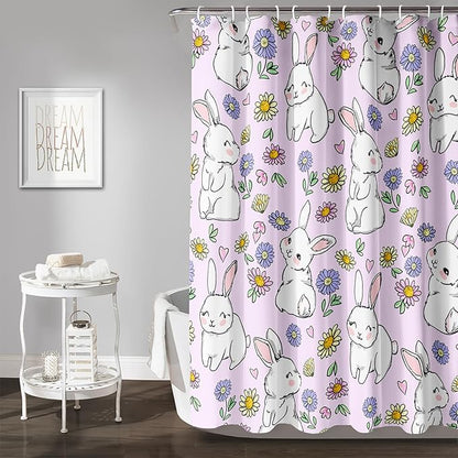 AILONEN Rabbit Bunny Shower Curtain for Bathroom,Cute Animal Shower Curtain Colorful Flower Decor Bath Curtain 36" W*72" H Polyester Fabric Waterproof Bathroom Bathtub Curtain with 12 Hooks