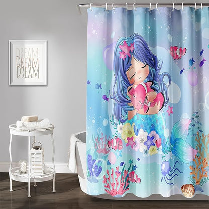 AILONEN Beautiful Mermaid Shower Curtain,Cute Mermaid Bath Curtain for Girls Teens,Ocean Curtain,Cartoon Fish Print Blue Waterproof Curtain for Bathroom Decor, 72" W x 96" H