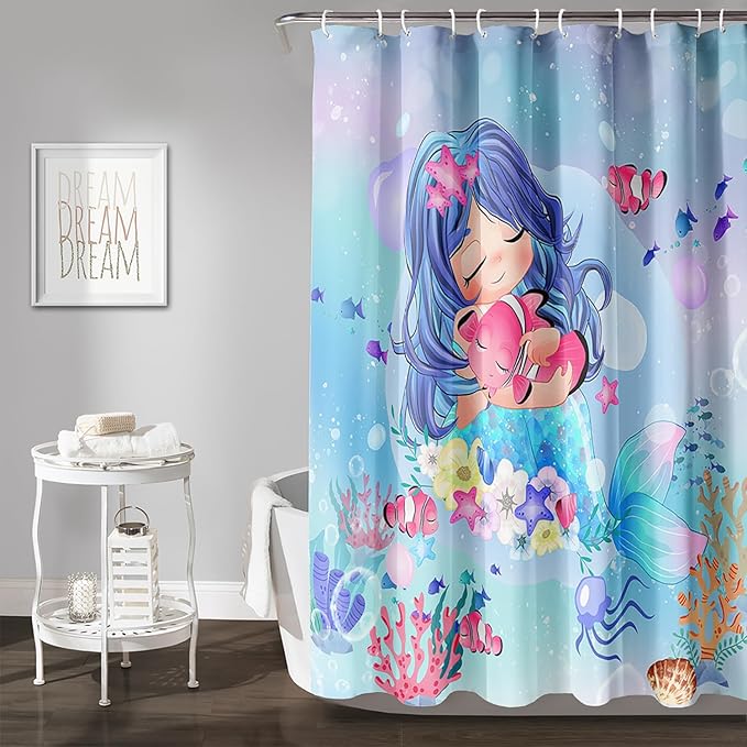 AILONEN Beautiful Mermaid Shower Curtain,Cute Mermaid Bath Curtain for Girls Teens,Ocean Curtain,Cartoon Fish Print Blue Waterproof Curtain for Bathroom Decor, 72" W x 84" H
