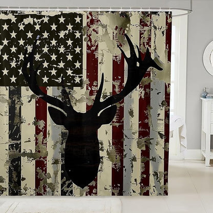 Feelyou Deer Bath Curtain Cute Deer Shower Curtain American Flag Bathroom Shower Curtain Set for Kids Boys Girls Deer Hunting Kids Bathroom Accessories 72"x78"