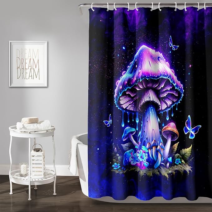 AILONEN Magic Mushroom Shower Curtain,Blue Butterfly Waterproof Fabric Bath Curtain for Kids Girl,Boho Style Shower Curtain Set for Bathroom,Natural Fungal Shower Curtain with Hooks 72" W*78" H
