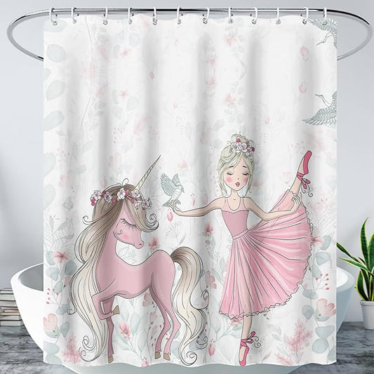 AILONEN Unicorn Shower Curtain, Cartoon Unicorn with Ballerina Girl Shower Curtain Set for Girls Teens Kids,Watercolor Pink Flowers Fabric Shower Curtain for Bathroom,48" W*72" H