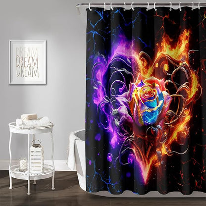 AILONEN Rose Shower Curtain for Bathroom,Purple Red Flame Fire Rose Hearts Print Bath Curtain,Modern Print Decoration Waterproof Shower Curtain with 12 Plastic Hooks, 72" W*78" H