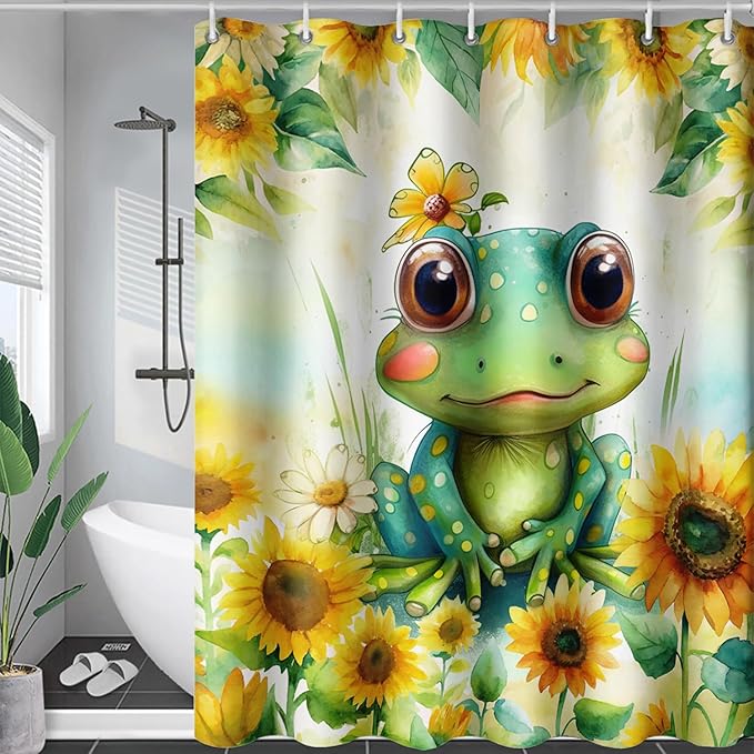 AILONEN Cartoon Green Frog Shower Curtain,Watercolor Sunflower Shower Curtain,Cute Kawaii Frog Curtain for Kids Girls Boys,Yellow Flower Animal Frog Print Waterproof Bath Curtain 36" W x 72" H
