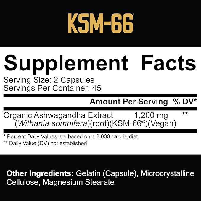 5% Nutrition Core KSM-66 Ashwagandha | 1,200mg Organic Ashwagandha Root Powder Extract | High Potency 5% Withanolides (45 Servings, 90 Capsules)