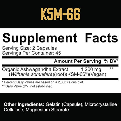 5% Nutrition Core KSM-66 Ashwagandha | 1,200mg Organic Ashwagandha Root Powder Extract | High Potency 5% Withanolides (45 Servings, 90 Capsules)