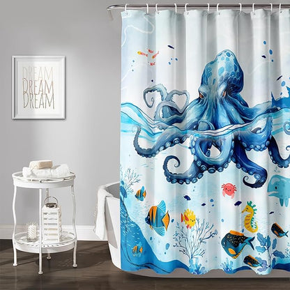 AILONEN Blue Octopuses Shower Curtain Set, Cartoon Octopus Creature Waterproof Fabric Shower Curtain,Ocean Animal Cloth Bath Curtain,Watercolor Blue Shower Curtain Liner with Hooks,60" Wx72 H