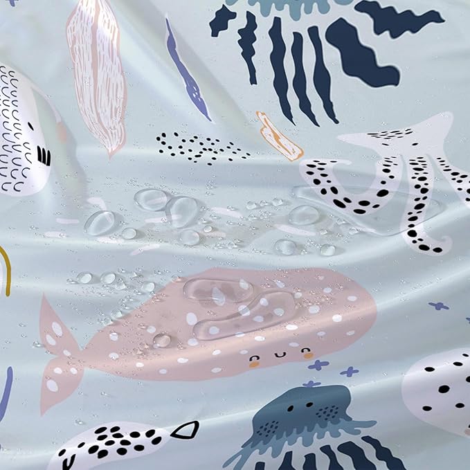 AILONEN Cartoon Ocean Life Shower Curtain for Kids 72" W*72" H Inch,Kawaii Fish Whales Octopuses Pattern Shower Curtain,Ocean Life Theme 12 Pack Hooks Polyester Waterproof Fabric Decor for Bathroom