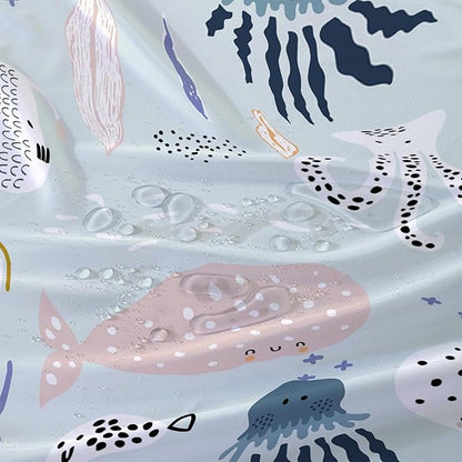 AILONEN Cartoon Ocean Life Shower Curtain for Kids 72" W*72" H Inch,Kawaii Fish Whales Octopuses Pattern Shower Curtain,Ocean Life Theme 12 Pack Hooks Polyester Waterproof Fabric Decor for Bathroom