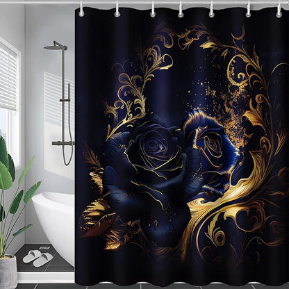 AILONEN Blue Rose Shower Curtain 36"W*72"H for Bathroom,Mystic Blue Gold Flower Glitter Rose Print Bath Curtain,Girls Women Teen Adults Bath Curtain Polyester Waterproof Shower Curtain With 12 Hooks