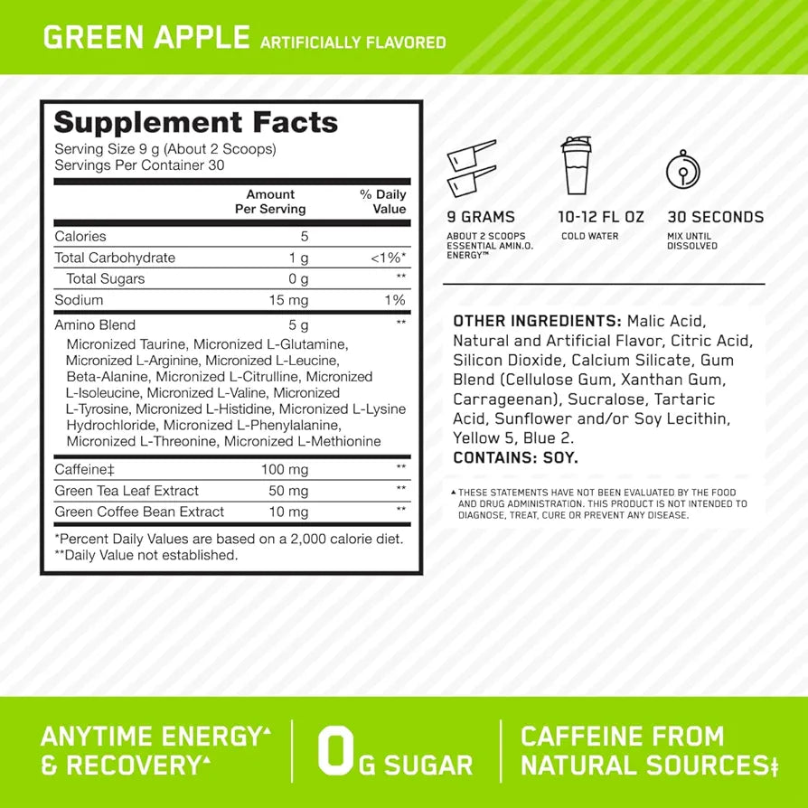 Optimum Nutrition Amino Energy - Pre Workout with Green Tea, BCAA, Amino Acids, Keto Friendly, Green Coffee Extract, Energy Powder - Green Apple, 30 Servings 