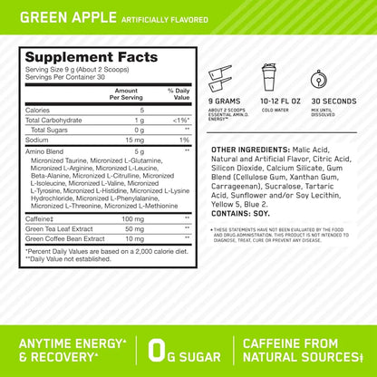 Optimum Nutrition Amino Energy - Pre Workout with Green Tea, BCAA, Amino Acids, Keto Friendly, Green Coffee Extract, Energy Powder - Green Apple, 30 Servings 