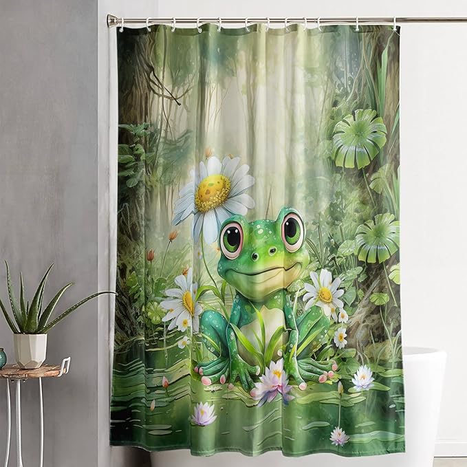 AILONEN Cartoon Frog Shower Curtain,Green Frog with Daisy Bath Curtain Set for Kids Boys Girls,Tropical Amphibian Waterproof Fabric Shower Curtain,Nature Shower Curtain for Bathroom,48" W*72" H