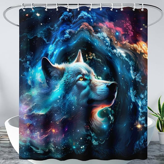 AILONEN 3D Wolf Shower Curtain for Bathroom,Blue Space Galaxy Starry Clouds Wolf Printed Bath Curtain,Boys Teen Kids Wild Animal Wolf Decoration Shower Curtain Waterproof 72" W*78" H