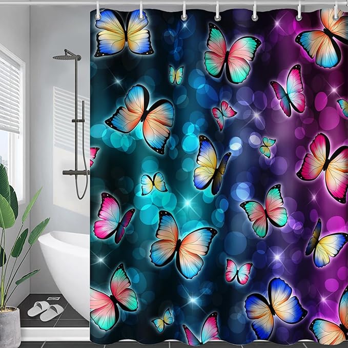 AILONEN Colorful Butterfly Shower Curtains,Gradient Butterfly Bath Curtain for Bathroom Decor,Polyester Waterproof with 12 Plastic Hooks 60" W*72" H