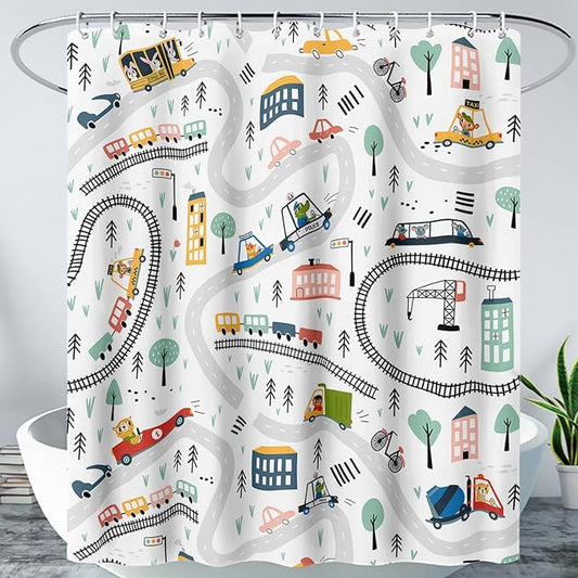 AILONEN Construction Truck Shower Curtain, Kids Cartoon Train Vehicle Tractor Cars Bath Curtain for Boys,White Road Map Bathroom Decor Waterproof Fabric 72" W*72" H Inch with 12 Plastic Hooks