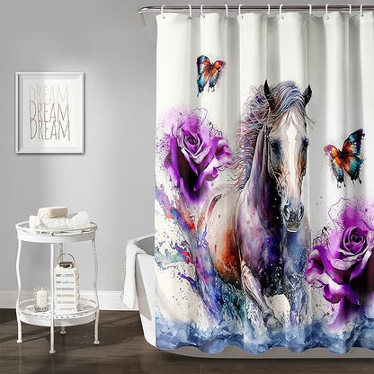 AILONEN 3D Horse Shower Curtain,Galloping Horses with Butterfly Waterproof Fabric Shower Curtains for Bathroom,Oil Purple Rose Bath Curtain Set with Hooks, 72" W*72" H