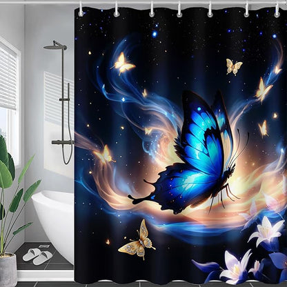 AILONEN Butterfly Shower Curtain,Blue Butterfly Bath Curtain for Girls Kids Women,Glowing Starry Flower Butterfly Decoration Bathroom Waterproof Curtain with 12 Plastic Hooks, 72" W*96" H