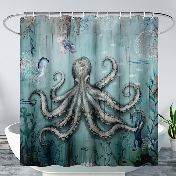 AILONEN 3D Ocean Octopus Shower Curtain Set for Bathroom,Sea Turtle Seahorse Animal Bath Curtain,Ocean Theme Waterproof Fabric Shower Curtain with Hooks,48" W*72" H