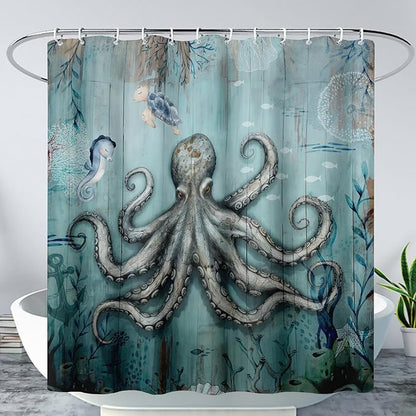 AILONEN 3D Ocean Octopus Shower Curtain Set for Bathroom,Sea Turtle Seahorse Animal Bath Curtain,Ocean Theme Waterproof Fabric Shower Curtain with Hooks,48" W*72" H