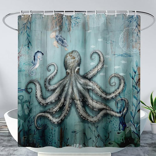 AILONEN 3D Ocean Octopus Shower Curtain Set for Bathroom,Sea Turtle Seahorse Animal Bath Curtain,Ocean Theme Waterproof Fabric Shower Curtain with Hooks,60" W*72" H