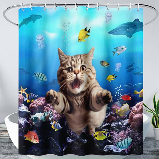 AILONEN 3D Swimming Cat Shower Curtain Set,Coral Bath Curtain for Kids Girls Boys,Sea Animals Ocean Theme Shower Curtain,Cat Lovers Animal Shower Curtains for Bathroom Decor, 72" W*96" H