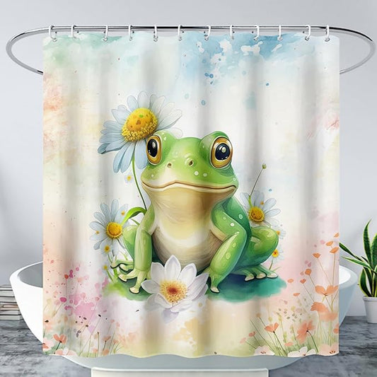 AILONEN Cartoon Frog Shower Curtain Set for Bathroom,Green Frog Bath Curtain,Amphibian Animal Shower Curtain,Tie Dye Flowers Waterproof Fabric Shower Curtain with Hooks,72" W*96" H