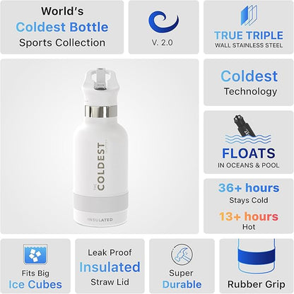 Coldest Water Bottle with Standard Mouth Straw Lid Metal Thermos Vacuum Insulated Stainless Steel l Reusable Leak Proof Cupholder Flask (12 oz, Epic White)