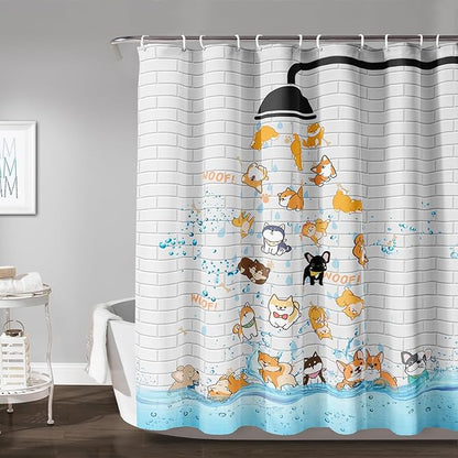 AILONEN Cute Corgi Shower Curtain for Kids 72" W*96" H Inch,Funny Dog Cartoon Corgi Animals Playing Water Shower Curtains,12 Pack Hooks Polyester Waterproof Fabric Decor for Bathroom Bathtub Panels
