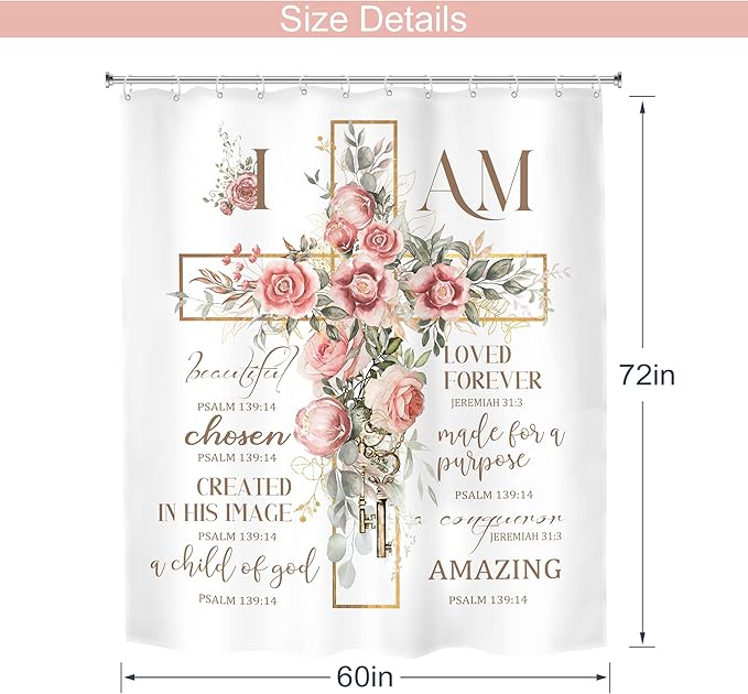 MESHELLY Pink Floral Shower Curtain 60Wx72H Christian Shower Curtain Rustic Farmhouse Bible Verse Cross Bathroom Curtain Motivational Quote Country Bath Curtain Fabric Bathroom Decor with 12 Hooks
