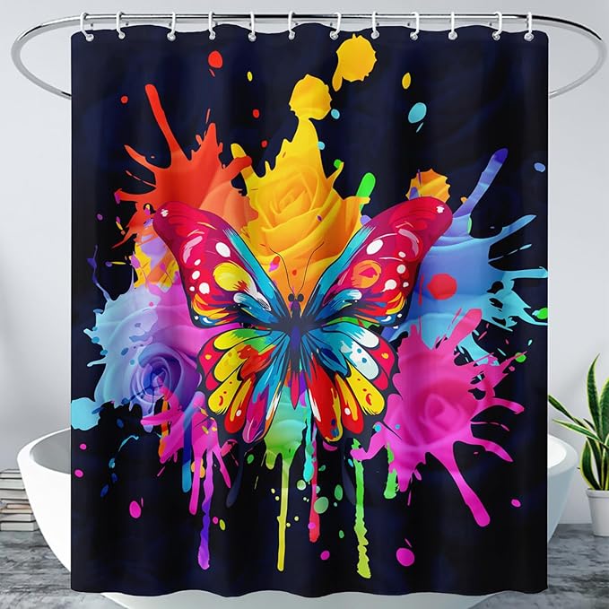 AILONEN Butterfly Shower Curtain for Bathroom, 3D Oil Painting Butterfly Bath Curtain,Colorful Butterfly Rose Flower Decoration Waterproof Black Curtain with 12 Plastic Hooks, 72" W*84" H