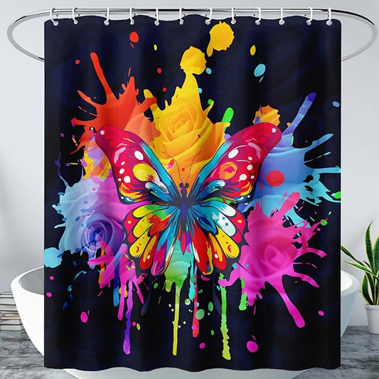 AILONEN Butterfly Shower Curtain for Bathroom, 3D Oil Painting Butterfly Bath Curtain,Colorful Butterfly Rose Flower Decoration Waterproof Black Curtain with 12 Plastic Hooks, 72" W*84" H