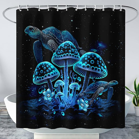 AILONEN Blue Magic Mushroom Shower Curtain,Cartoon Turtle Pattern Shower Curtain Set for Kids Girls Boys,Boho Style Bathroom Decor Shower Curtain with 12 Hooks,72" W*84" H