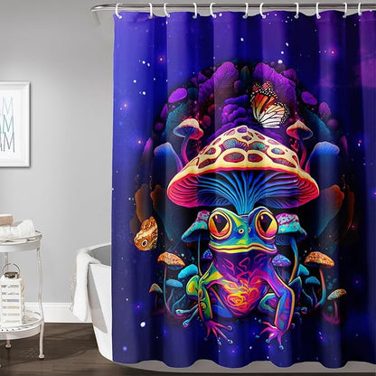 AILONEN Colorful Frog Shower Curtains,Poisonous Mushroom Printed Bath Curtains for Kids,Purple Polyester Waterproof for Bathroom,72" W*96" H with 12 Plastic Hooks