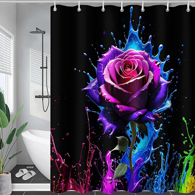 AILONEN Purple Rose Flower Shower Curtain for Bathroom,Splash-Ink Rose Bath Curtain for Kids Girls Women,Romantic Minimalism Curtain Waterproof with 12 Plastic Hooks, 36" W*72" H