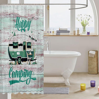 Feelyou Camper Shower Curtain Camping Bathroom Shower Curtain Set Happy Camping Bath Curtain for Kids Boys Girls Cartoon Camping Kids Bathroom Accessories 72"x78"