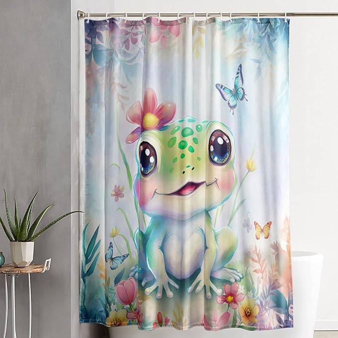 AILONEN Cartoon Frog Shower Curtain,Kawaii Frog Waterproof Fabric Bath Curtain for Kids Girls,Watercolor Blue Flower with Butterfly Shower Curtain Set for Bathroom with Hooks,48" W*72" H