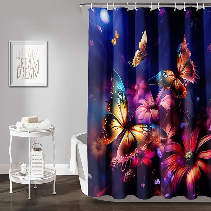 AILONEN Beautiful Butterfly Shower Curtain for Kids Girls Boys, Colorful Butterfly with Flower Bath Curtains for Bathroom,Boho Style Natural Plants Shower Curtain Set with Hooks,72" W*84" H