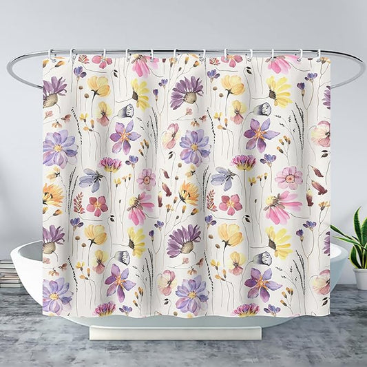 AILONEN Solemn Flowers Shower Curtain,Daisy Theme Bathroom Shower Curtain for Girls Kids Teens, 72" W*72" H Watercolor Patchwork Flowers Bathroom Decor for Bathroom