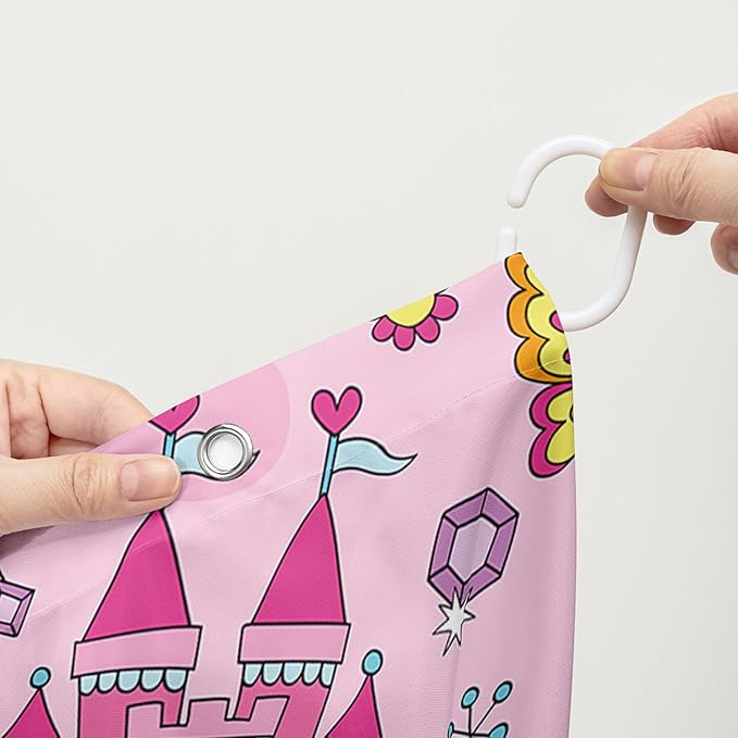 AILONEN Princess Dress Shower Curtain,Cartoon Sparkling Star Diamond Waterproof Shower Curtain Set for Girls Kids Teens, 36" W*72" H Pink Castle Jewelry Shower Curtain for Bathroom