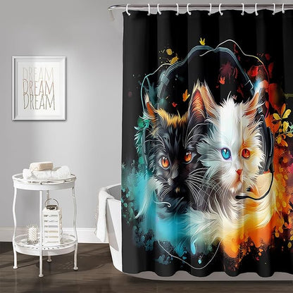 AILONEN Cute Cat Shower Curtain Set, Black White Cat Waterproof Fabric Shower Curtain for Kids Boys Girls,Headphones Kitty Shower Curtain for Bathroom with Hooks,72" W*96" H