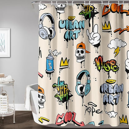 AILONEN Hip-Hop Skull Shower Curtains,Graffiti Music Bath Curtains,Printed Rock Curtains,Polyester Waterproof with 12 Hooks for Bathroom 48" W*72" H
