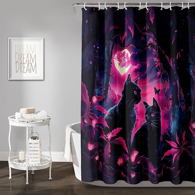 AILONEN Black Cat Shower Curtain,Cartoon Mother Son Kitten Shower Curtain Set for Kids Boys Girls,Boho Style Moon Shower Curtain with Hooks for Bathroom,36" W*72" H