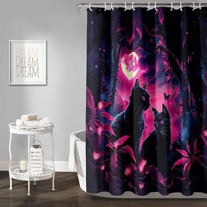 AILONEN Black Cat Shower Curtain,Cartoon Mother Son Kitten Shower Curtain Set for Kids Boys Girls,Boho Style Moon Shower Curtain with Hooks for Bathroom,36" W*72" H