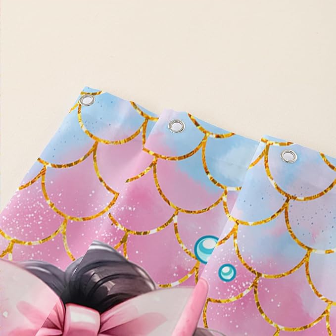 AILONEN Mermaid Shower Curtain,Cute Black Girls Mermaid Bath Curtain for Kids Girls,Ocean Fish Pink Mermaid Scale Print Shower Curtain for Bathroom Decor Waterproof with 12 Plastic Hooks, 72" W*78" H