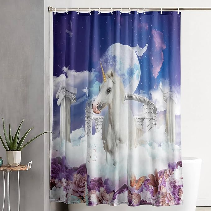 AILONEN Unicorn Shower Curtain, Holy Unicorn Theme Shower Curtain for Girls Teens Bathroom,3D Flower Butterfly Waterproof Fabric Shower Curtain Set,48" W*72" H
