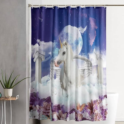 AILONEN Unicorn Shower Curtain, Holy Unicorn Theme Shower Curtain for Girls Teens Bathroom,3D Flower Butterfly Waterproof Fabric Shower Curtain Set,48" W*72" H