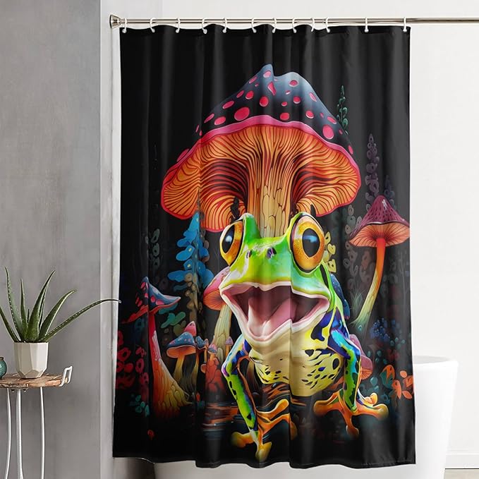 AILONEN Cartoon Tree Frog Shower Curtain,Magic Mushroom Shower Curtain Set for Bathroom for Kids Girls,Boho Style Waterproof Bath Curtain,Tropical Amphibian Bathroom Curtain with Hooks, 72" W*72" H