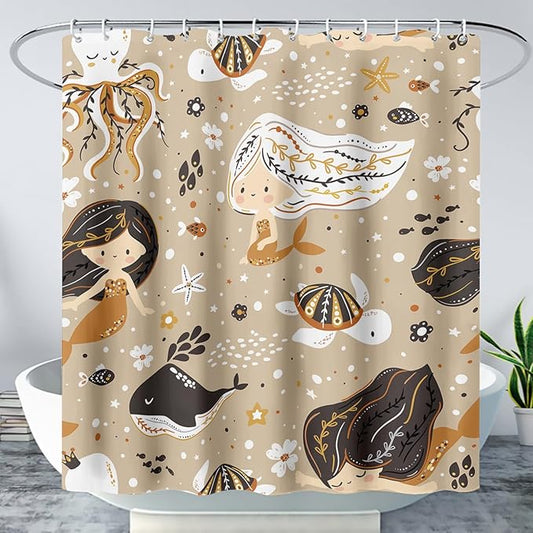 AILONEN Mermaid Shower Curtain,Octopus Whale Retro Mermaid Bath Curtain,Ocean Beach Polyester Waterproof for Bathroom,72" W*84" H with 12 Plastic Hooks